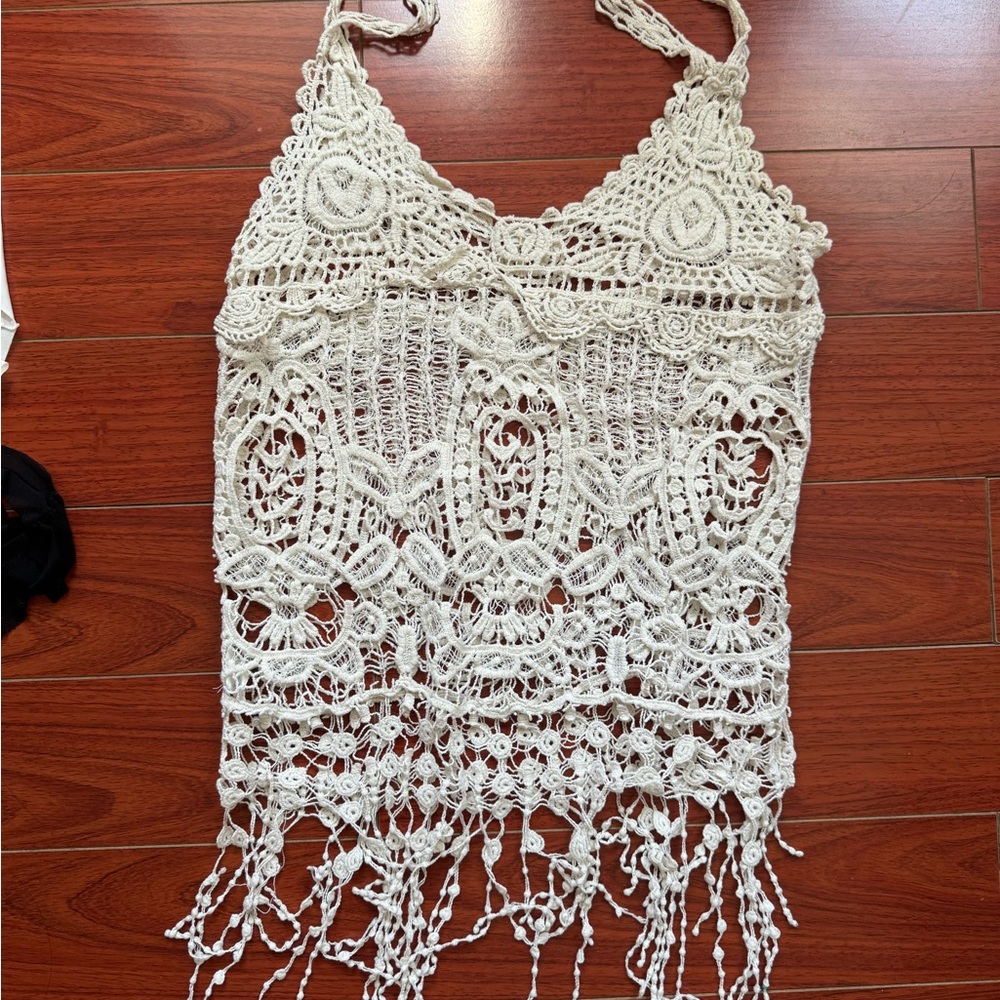 Phase One Ivory Crochet Fringe Tank Top